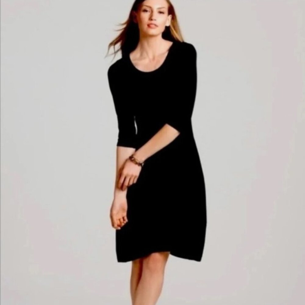 Eileen Fisher 🟣 Size Medium 3/4 Sleeve Scoop Neck Stretch Black Dress